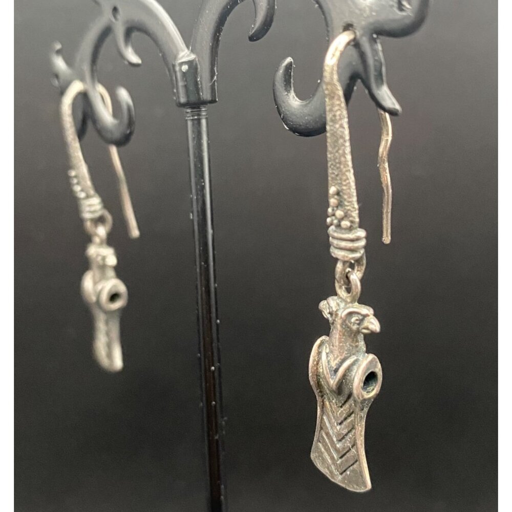 Vintage 925 Silver MK 925 Earrings Bird Totem Aztec Pre Columbian Inspired 1.75" - Picture 2 of 8